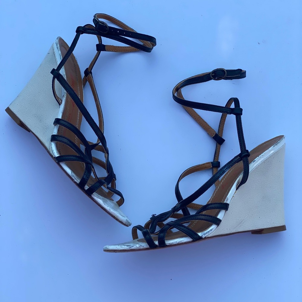Miss Sixty Y2K Black Strappy Wedge Sandal Ankle Strap Canvas Leather - 37